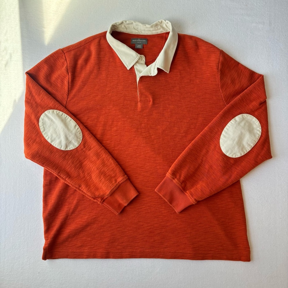 Vintage L.L. Bean Signature Shirt Men L Reg Orange Slim Fit Rugby Elbow Patches